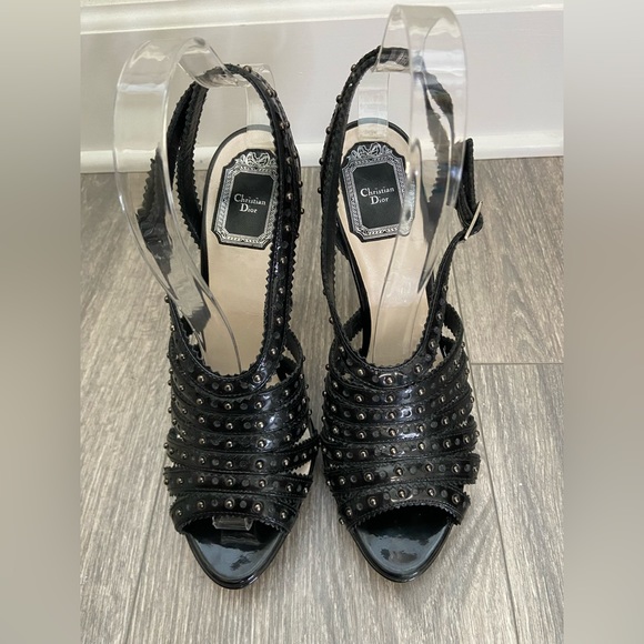 C. Dior Bonnie Black Leather Studded Open Toe Platform High Heels Size 38/ 7 - Picture 14 of 14